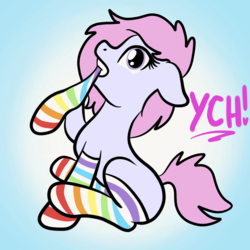 Size: 2100x2100 | Tagged: safe, artist:lannielona, pony, advertisement, blue background, clothes, commission, female, getting dressed, high res, looking at you, mare, mouth hold, rainbow socks, shocked, simple background, sitting, socks, solo, striped socks, your character here