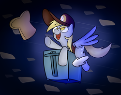 Size: 2358x1848 | Tagged: safe, artist:cookieboy011, derpy hooves, pegasus, pony, g4, bread, fanart, female, flying, flying toasters, food, happy, hat, mailmare, mailmare hat, mare, solo, toast, toaster