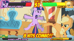 Size: 700x394 | Tagged: safe, edit, edited screencap, screencap, applejack, twilight sparkle, earth pony, pony, unicorn, fighting is magic, g4, party of one, season 1, abuse, bucking, crash, dizzy, duo, duo male and female, female, fighting game, health bars, horn, male, marvel vs capcom, ouch, twilybuse, unicorn twilight