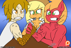 Size: 1791x1227 | Tagged: safe, artist:otakon, applejack, big macintosh, oc, earth pony, human, anthro, g4, arm wrestling, blowing whistle, clothes, cross-popping veins, crossover, muscles, partial nudity, patreon, patreon logo, referee, topless, vein, whistle