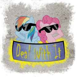 Size: 1700x1700 | Tagged: safe, artist:h3r0d4n, pinkie pie, rainbow dash, earth pony, pegasus, pony, g4, banner, deal with it, duo, female, frown, graffiti, hooves behind head, mare, sunglasses