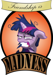 Size: 1024x1465 | Tagged: safe, artist:h3r0d4n, twilight sparkle, pony, unicorn, g4, lesson zero, banner, bust, crazy face, faic, female, floppy ears, insanity, madness, mare, messy mane, smiling, solo, twilight snapple, unicorn twilight
