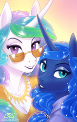 Size: 774x1226 | Tagged: safe, artist:ladychimaera, princess celestia, princess luna, alicorn, anthro, g4, breasts, cleavage, clothes, duo, duo female, eyeshadow, female, jewelry, lidded eyes, lipstick, looking at you, makeup, mare, necklace, royal sisters, siblings, sisters, sunglasses