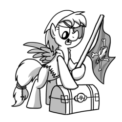 Size: 1024x1024 | Tagged: safe, oc, oc only, pegasus, pony, buck legacy, black and white, card art, clothes, eyepatch, fantasy class, flag, grayscale, hat, monochrome, pirate, simple background, skull and crossbones, solo, transparent background, treasure chest, vest