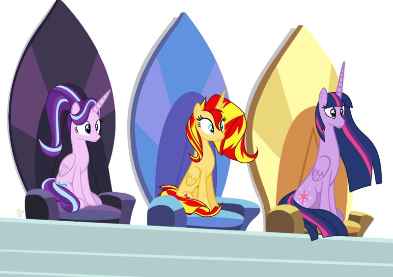 2053674 - safe, artist:amelia-bases, artist:dippygamer64, starlight  glimmer, sunset shimmer, twilight sparkle, alicorn, pony, alicorn thrones,  alicornified, alternate hairstyle, base used, chair, counterparts, ethereal  mane, female, hilarious in ...