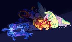 Size: 1488x871 | Tagged: safe, artist:eqq_scremble, derpibooru exclusive, fluttershy, princess luna, sunset shimmer, alicorn, pegasus, pony, g4, alicornified, alternate design, cloven hooves, cuddling, female, lesbian, lunashimmer, moonshyne, ot3, polyamory, race swap, shimmercorn, ship:lunashy, ship:sunshyne, shipping, tired