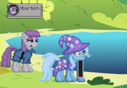 Size: 640x448 | Tagged: safe, artist:akumath, maud pie, trixie, earth pony, pony, g4, cartoon physics, jaw drop, pixel art, tumblr, wild take