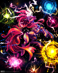 Size: 1600x2000 | Tagged: safe, artist:kp-shadowsquirrel, fizzlepop berrytwist, tempest shadow, pony, unicorn, g4, abstract background, eye scar, female, fizzlepop's fireworks, open mouth, scar, signature, solo