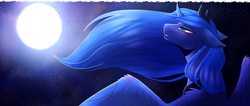 Size: 2900x1231 | Tagged: safe, artist:kat-the-true-kitkat, princess luna, alicorn, pony, g4, curved horn, female, floppy ears, full moon, horn, jewelry, mare, moon, night, peytral, regalia, solo, spread wings, stars, windswept mane, wings