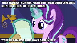 Size: 889x500 | Tagged: safe, edit, edited screencap, screencap, starlight glimmer, pony, unicorn, g4, to where and back again, caption, female, image macro, letter, solo, text