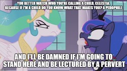 Size: 888x499 | Tagged: safe, edit, edited screencap, screencap, princess celestia, princess luna, a royal problem, g4, argument, bags under eyes, caption, family guy, image macro, male, text