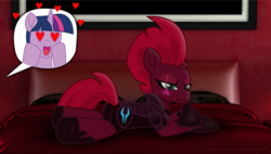 Size: 7500x4256 | Tagged: safe, artist:ejlightning007arts, tempest shadow, twilight sparkle, pony, unicorn, g4, anatomically incorrect, armor, bed, bedroom, blushing, butt, female, heart, heart eyes, incorrect leg anatomy, lesbian, lying down, mare, plot, red room, ship:tempestlight, shipping, solo focus, wingding eyes