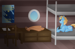Size: 3000x1941 | Tagged: safe, artist:sevenserenity, oc, oc only, oc:skydreams, changeling, pony, unicorn, airship, artificial wings, augmented, aviator goggles, bunk bed, chair, computer, desk, dresser, female, indoors, laptop computer, lying down, mare, mechanical wing, plushie, porthole, poster, royal equestrian skyguard, solo, wings