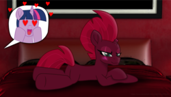 Size: 7500x4256 | Tagged: safe, alternate version, artist:ejlightning007arts, edit, tempest shadow, twilight sparkle, pony, unicorn, g4, anatomically incorrect, bed, bedroom, blushing, butt, female, heart, heart eyes, incorrect leg anatomy, lesbian, lying down, mare, plot, red room, ship:tempestlight, shipping, wingding eyes