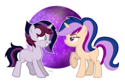 Size: 1280x842 | Tagged: safe, artist:mintoria, oc, oc only, oc:amethyst storm, oc:moonstone light, pony, unicorn, base used, female, half-siblings, mare, offspring, parent:flash sentry, parent:king sombra, parent:twilight sparkle, parents:flashlight, parents:twibra