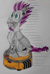 Size: 1241x1828 | Tagged: safe, artist:rapidsnap, oc, oc only, oc:zephyr moon, pony, chest fluff, piercing, ponies riding roombas, riding, roomba, solo, tattoo, teeth, traditional art, zoom