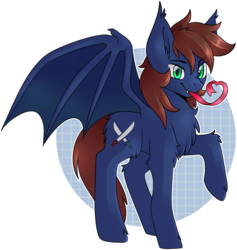 Size: 1737x1830 | Tagged: safe, artist:vert_glamis, oc, oc only, oc:warly, bat pony, pony, bat pony oc, bat wings, fangs, forked tongue, heart, long tongue, looking at you, male, simple background, solo, stallion, tongue out, transparent background, wings