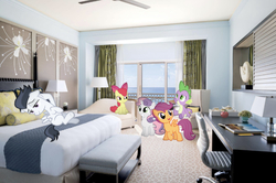 Size: 641x425 | Tagged: safe, editor:undeadponysoldier, apple bloom, rumble, scootaloo, spike, sweetie belle, pony, g4, apple, balcony, bed, bedroom, bedroom eyes, book, ceiling fan, chair, couch, cutie mark crusaders, desk, dragons in real life, excited, food, happy, hotel room, irl, lamp, leaning back, looking up, lying on bed, ocean, one of these things is not like the others, pencil, photo, pillow, ponies in real life, relaxing, stupid sexy rumble