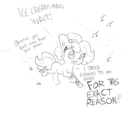 Size: 1501x1356 | Tagged: safe, artist:tjpones, oc, oc only, oc:brownie bun, earth pony, pony, horse wife, coin, dialogue, female, grayscale, lineart, mare, monochrome, music notes, offscreen character, running, simple background, solo, tape, traditional art, white background