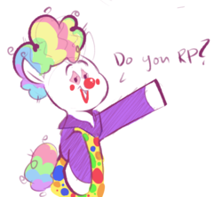 Size: 739x652 | Tagged: safe, artist:hattsy, oc, oc only, earth pony, pony, clown, clown nose, dialogue, meta, open mouth, red nose, simple background, solo, white background