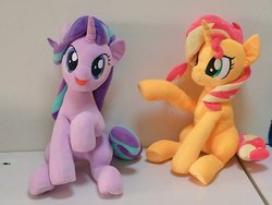 Size: 1024x768 | Tagged: safe, artist:nekokevin, starlight glimmer, sunset shimmer, pony, unicorn, series:nekokevin's glimmy, g4, duo, female, irl, looking at you, mare, open mouth, photo, plushie, raised hoof, sitting, smiling, underhoof