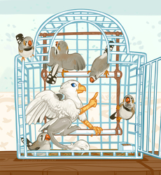 Size: 1234x1341 | Tagged: safe, artist:cuttledreams, oc, oc only, oc:der, bird, griffon, bird cage, cage, micro, zebra finch