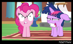 Size: 640x388 | Tagged: safe, edit, edited screencap, editor:teren rogriss, screencap, pinkie pie, twilight sparkle, crab pony, pony, unicorn, g4, female, floppy ears, gritted teeth, hooves, horn, mare, meme, not salmon, wat