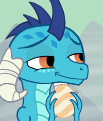 Size: 914x1080 | Tagged: safe, artist:eddy original, princess ember, dragon, g4, sweet and smoky, dragon egg, dragoness, egg, female, holding, horns, mama ember, meme, smiling, smirk, smug, solo, that dragon sure does love hatching
