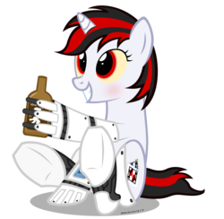 Size: 4000x3910 | Tagged: safe, artist:mrlolcats17, oc, oc only, oc:blackjack, cyborg, pony, unicorn, fallout equestria, fallout equestria: project horizons, alcohol, amputee, artificial hands, augmented, blushing, bottle, cyber legs, cybernetic legs, fanfic, fanfic art, female, grin, hooves, horn, mare, queen whiskey, simple background, sitting, smiling, solo, transparent background, whiskey, wild pegasus