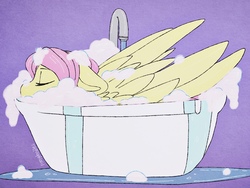 Size: 2048x1536 | Tagged: safe, artist:incendiarymoth, fluttershy, pegasus, pony, g4, bath, bathing, bathtub, bubble, cute, eyes closed, female, mare, purple background, relaxation, shyabetes, simple background, solo, suds, water