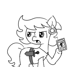 Size: 640x600 | Tagged: safe, artist:ficficponyfic, oc, oc only, oc:ruby rouge, earth pony, pony, colt quest, belt, clothes, cyoa, ear piercing, earring, female, filly, foal, irritated, jewelry, knife, monochrome, piercing, shirt, solo, story included, tarot, tarot card, the fool, tomboy