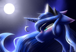 Size: 1798x1232 | Tagged: safe, artist:kat-the-true-kitkat, princess luna, alicorn, pony, g4, bust, female, floppy ears, full moon, horn, horn jewelry, jewelry, mare, moon, night, portrait, profile, regalia, solo