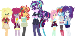 Size: 1280x619 | Tagged: safe, artist:bezziie, applejack, fluttershy, pinkie pie, rainbow dash, rarity, starlight glimmer, sunset shimmer, twilight sparkle, equestria girls, equestria girls specials, g4, my little pony equestria girls: mirror magic, base used, looking at you