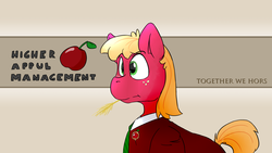 Size: 2560x1440 | Tagged: safe, artist:fuzzypones, big macintosh, earth pony, pony, g4, appul, business suit, clothes, hay stalk, male, office, solo, straw in mouth