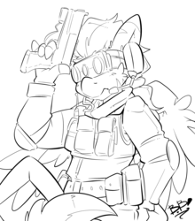 Size: 1763x2000 | Tagged: safe, artist:bbsartboutique, oc, oc only, oc:zerstörer, oc:zulu, hippogriff, original species, zebragriff, clothes, gun, headset, leonine tail, monochrome, night vision goggles, patreon, patreon reward, solo, tacticool, talons, vest, weapon, zerb