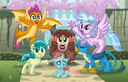 Size: 2000x1294 | Tagged: safe, artist:aleximusprime, gallus, ocellus, sandbar, silverstream, smolder, yona, changedling, changeling, classical hippogriff, dragon, earth pony, griffon, hippogriff, pony, yak, g4, season 9, uprooted, cute, diaocelles, diastreamies, dragoness, female, gallabetes, male, sandabetes, smiling, smolderbetes, student six, teenager, yonadorable