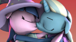 Size: 1024x576 | Tagged: safe, artist:ebayusergreen, trixie, twilight sparkle, pony, unicorn, anthro, g4, 3d, commission, duo, eyes closed, female, hug, kiss on the lips, kissing, lesbian, ship:twixie, shipping, source filmmaker