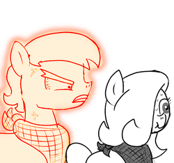 Size: 640x600 | Tagged: safe, artist:ficficponyfic, edit, oc, oc:emerald jewel, oc:giles pecan, earth pony, pony, colt quest, angry, bandana, bloodshot eyes, colt, earth pony oc, foal, hair over one eye, male, monochrome, nervous, rage, redraw, stallion, sweat, teenager, this isn't even my final form, vein