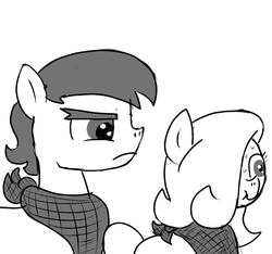 Size: 640x600 | Tagged: safe, artist:ficficponyfic, oc, oc only, oc:emerald jewel, oc:giles pecan, pony, colt quest, bandana, colt, cyoa, femboy, frown, male, monochrome, nervous, nervous smile, story included, sweat, unhappy