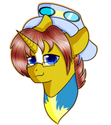 Size: 842x949 | Tagged: safe, artist:rainbowtashie, oc, oc:heartstrong flare, alicorn, pony, alicorn oc, clothes, commissioner:bigonionbean, conductor hat, facial markings, fusion, fusion:caboose, fusion:promontory, fusion:silver zoom, fusion:sunburst, glasses, goggles, male, stallion, uniform, wonderbolt trainee uniform, wonderbolts