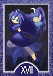 Size: 1200x1728 | Tagged: safe, artist:howxu, princess luna, human, g4, building, clothes, crescent moon, crown, cute, dress, duo, evening gloves, female, gloves, humanized, jester, jewelry, long gloves, lunabetes, moon, night, regalia, smiling, tarot card