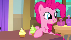 Size: 1280x720 | Tagged: safe, screencap, pinkie pie, earth pony, pony, g4, the mean 6, cupcake, cute, diapinkes, eating, female, food, scrunchy face, solo