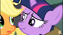 Size: 1280x720 | Tagged: safe, screencap, applejack, clover the clever, fluttershy, private pansy, smart cookie, twilight sparkle, pony, g4, hearth's warming eve (episode), cropped, cute, hearth's warming eve, scrunchy face, worried