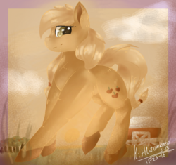 Size: 851x800 | Tagged: safe, artist:penpale-heart, applejack, earth pony, pony, g4, art trade, barn, female, hatless, mare, missing accessory, sidemouth, smiling, solo, sun