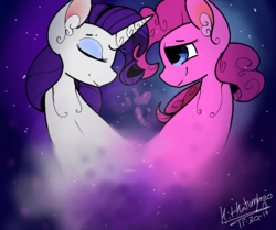 Size: 959x800 | Tagged: safe, artist:penpale-heart, pinkie pie, rarity, earth pony, pony, unicorn, g4, abstract background, bust, ear fluff, eyes closed, female, lesbian, mare, ship:raripie, shipping, smiling, stars