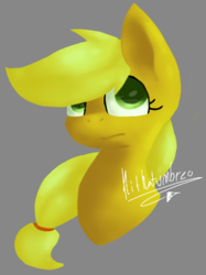 Size: 353x473 | Tagged: safe, artist:penpale-heart, applejack, earth pony, pony, g4, bust, eye reflection, female, gray background, hair over one eye, hatless, mare, missing accessory, reflection, sidemouth, simple background, solo