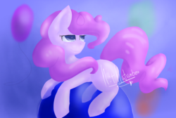 Size: 1190x800 | Tagged: safe, artist:penpale-heart, pinkie pie, earth pony, pony, g4, balloon, balloon riding, female, floating, lidded eyes, mare, missing cutie mark, smiling, solo, then watch her balloons lift her up to the sky