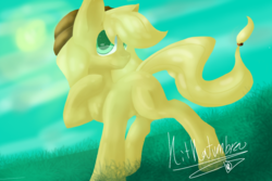 Size: 1201x800 | Tagged: safe, artist:penpale-heart, applejack, earth pony, pony, g4, eye reflection, female, hoof on chest, mare, missing cutie mark, raised hoof, reflection, smiling, solo, standing, three quarter view, turned head, windswept tail