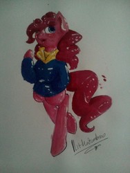 Size: 960x1280 | Tagged: safe, artist:penpale-heart, pinkie pie, earth pony, pony, g4, bipedal, blushing, clothes, female, hair over one eye, hoodie, jacket, mare, open mouth, solo, traditional art