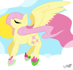 Size: 857x816 | Tagged: safe, artist:penpale-heart, fluttershy, pony, g4, clothes, cloud, eyes closed, female, flying, mare, slippers, smiling, solo, sun, windswept mane